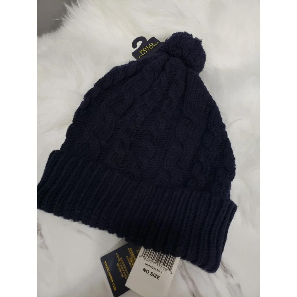 NEW One Size Polo Ralph Lauren Cable-Knit Pom-Pom Beanie mens winter hat navy